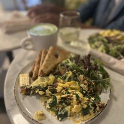 Sweetsalt - Spinach Scramble with added bacon, and hot matcha latte with almond milk.