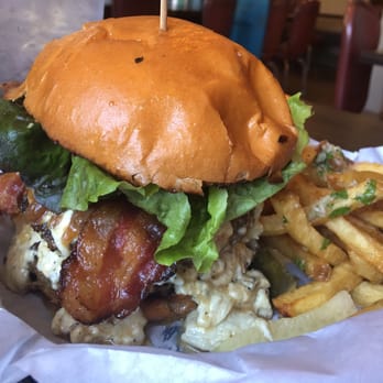 1850 Restaurant - Bleu burger double patty with avo and applewood smoked bacon. Get it medium rare! Best burger ive ever had - American Near Me - Mariposa, California