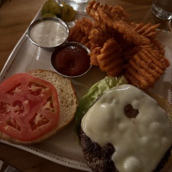 Bird & Jim - Burger with sweet potato waffle fries - New American Near Me - Estes Park, Colorado Bird & Jim - Burger with sweet potato waffle fries - New American Near Me - Estes Park, Colorado