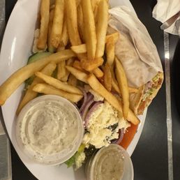 Chicken Souvlaki Deluxe (Greek Salad and Fries) Chicken Souvlaki Deluxe (Greek Salad and Fries)