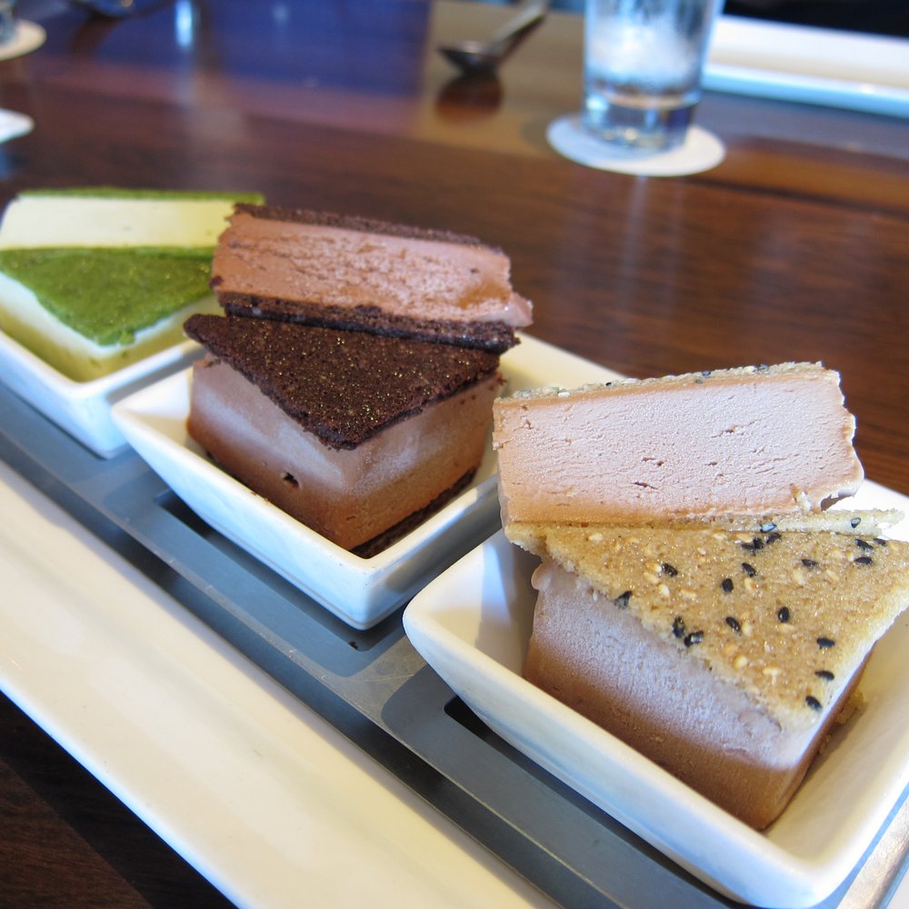 Morimoto Napa - ice cream sandwiches: white chocolate green tea, banana dark chocolate, and sesame milk chocolate - Japanese Near Me - Napa, California Morimoto Napa - ice cream sandwiches: white chocolate green tea, banana dark chocolate, and sesame milk chocolate - Japanese Near Me - Napa, California
