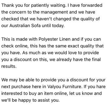 Valyou - Their last email response, verifying their Australian Sofa has never changed and that my pics looked the same as their website photos. - Furniture Stores Near Me - Honolulu, Hawaii Valyou - Their last email response, verifying their Australian Sofa has never changed and that my pics looked the same as their website photos. - Furniture Stores Near Me - Honolulu, Hawaii