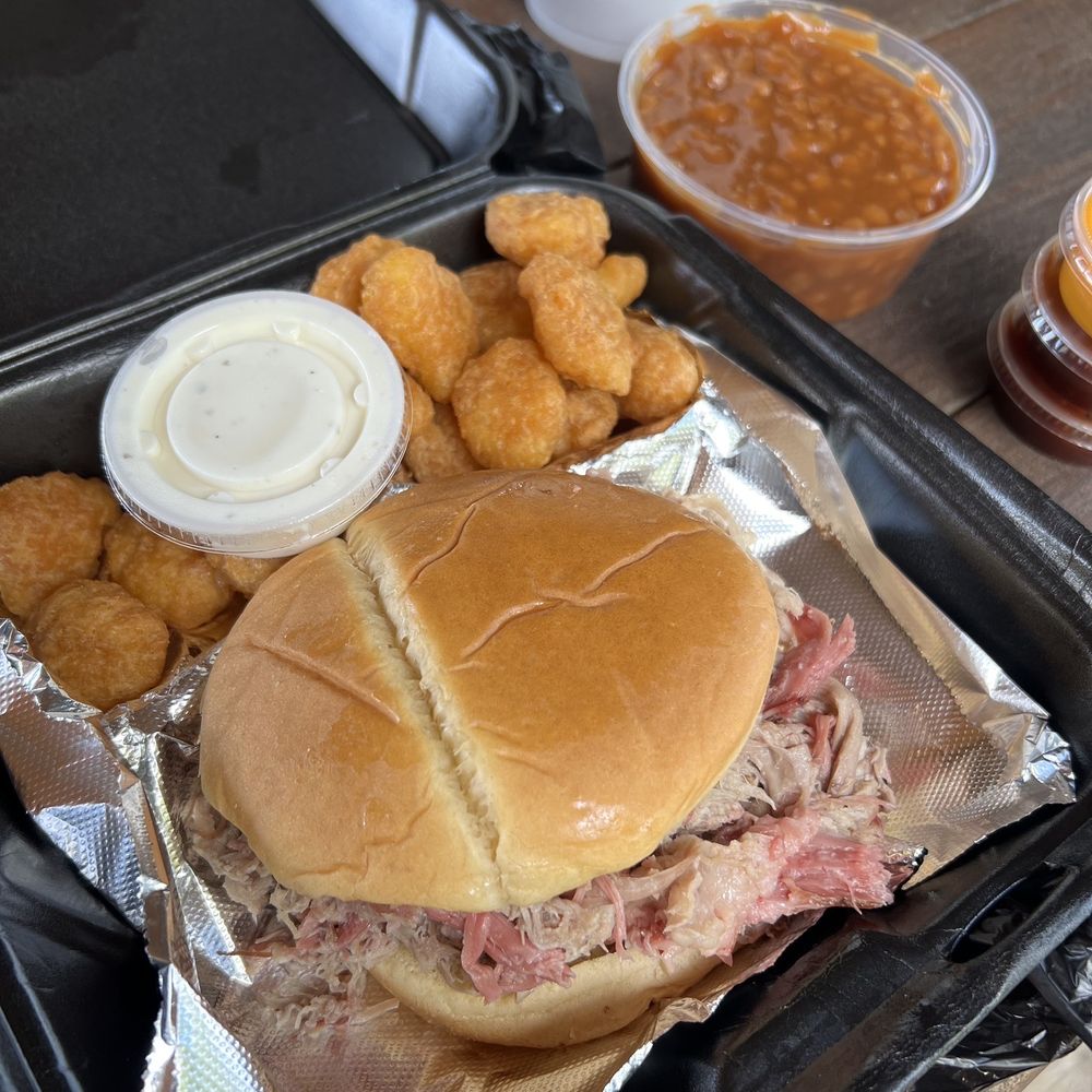Heavy B's Barbecue - Jumbo pulled pork sandwich Baked Beans Corn Nuggets - Barbeque Near Me - Bronson, Florida Heavy B's Barbecue - Jumbo pulled pork sandwich Baked Beans Corn Nuggets - Barbeque Near Me - Bronson, Florida