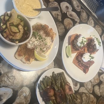 The Half Shell - Flounder with crab crusting atop, fresh vegetables, cheese grits, bacon wrapped green beans and Tuna tacos - Seafood Near Me - Saint Simons Island, Georgia The Half Shell - Flounder with crab crusting atop, fresh vegetables, cheese grits, bacon wrapped green beans and Tuna tacos - Seafood Near Me - Saint Simons Island, Georgia
