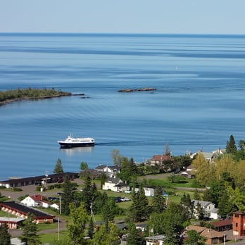 Brockway Mountain Drive - Looking down on Copper Harbor and the Isle Royale Ferry - Hiking Near Me - Copper Harbor, Michigan