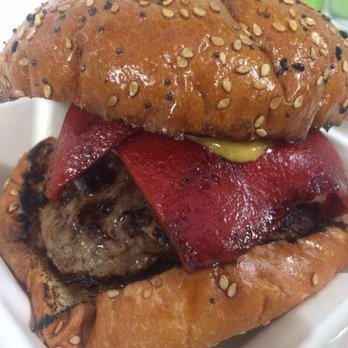 Burger Brothers - The Favorite with peppers, caramelized onions, secret sauce, and goat cheese - Burgers Near Me - Brighton, BNH Burger Brothers - The Favorite with peppers, caramelized onions, secret sauce, and goat cheese - Burgers Near Me - Brighton, BNH