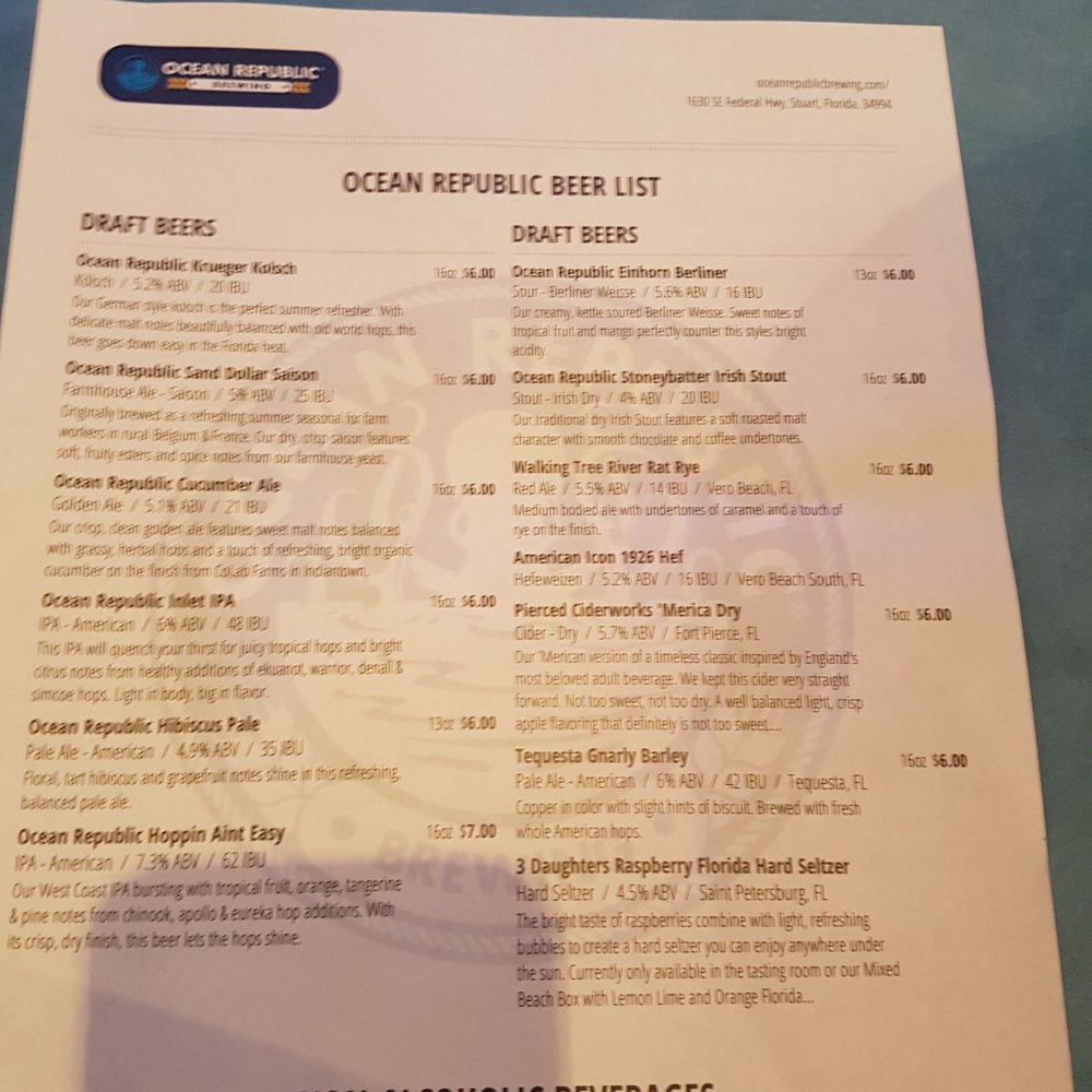 Ocean Republic Brewing - Drafts menu - Brewpubs Near Me - Stuart, Florida Ocean Republic Brewing - Drafts menu - Brewpubs Near Me - Stuart, Florida