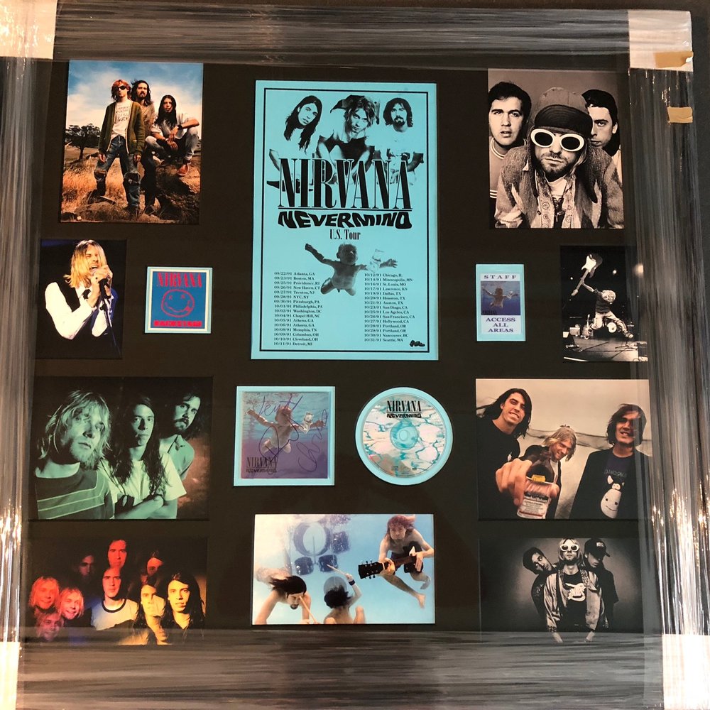Signed Nirvana "Nevermind" album custom frame front Signed Nirvana "Nevermind" album custom frame front