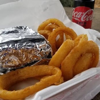 Warren's Cafe - Grilled cheese burger with onion rings and a coke zero - American Near Me - Hoschton, Georgia