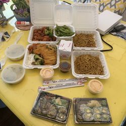 Chopsticks Japanese Restaurant - General Tso's Chicken,soba noodles, eel roll. California roll, Chicken Katsu, and miso Soup.