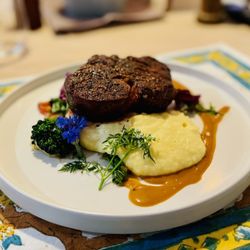 Personal Chef Ken - Filet Mignon, 
roasted garlic cream potatoes, broccolini, "Wilson's" Elijah Craig  demi