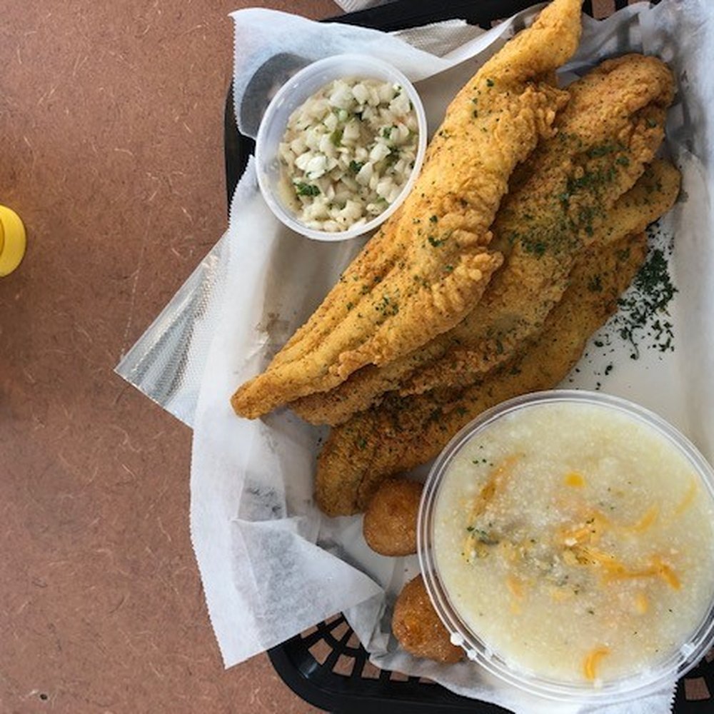 Catfish dinner with Cole Slaw and Cheesy Grits Catfish dinner with Cole Slaw and Cheesy Grits