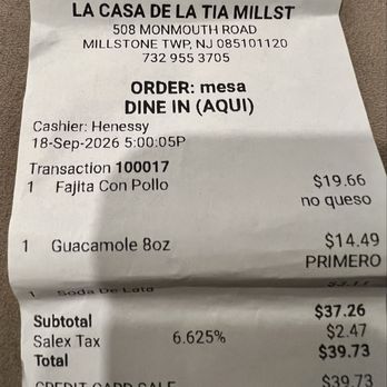 La Casa De La Tia - Bill of service - Mexican Near Me - Millstone, New Jersey