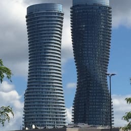 Funny shaped buildings outside mall.