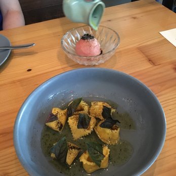 Emmer & Rye - Tortellini and Tomato/Mozz/Basil sorbet - Tapas/Small Plates Near Me - Austin, Texas