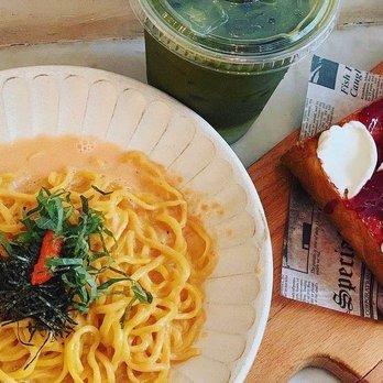 Davelle - Mentai Pasta, Matcha Latte (Ice), Berry and Cream Cheese Toast - Japanese Near Me - New York, New York Davelle - Mentai Pasta, Matcha Latte (Ice), Berry and Cream Cheese Toast - Japanese Near Me - New York, New York
