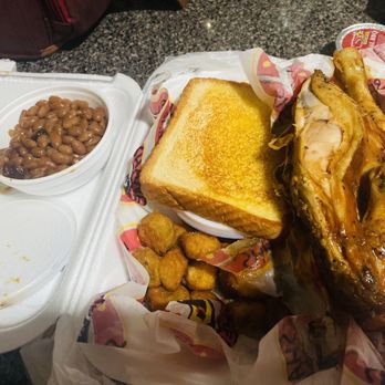 Shane's Rib Shack - SMOKED HALF CHICKEN PLATE with baked beans and FRIED OKRA - Barbeque Near Me - Douglasville, Georgia