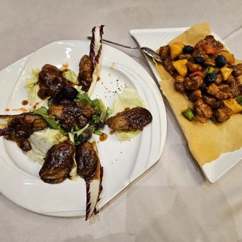 Skyview Fusion Cuisine - Left: red wine deep fried oysters Right: Sweet and sour pork - Dim Sum Near Me - Markham, Ontario
