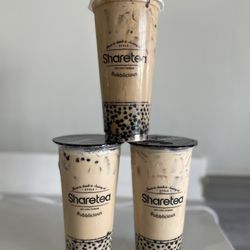 Sharetea - Hokkaido milk tea w/ mini pearls (top) Honey milk tea w/ mini pearls (right) Classic pearl milk tea w/ mini pearls (left)