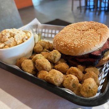 Above PaR BBQ - Brisket Sandwich, potato salad and fried okra - Barbeque Near Me - Tahlequah, Oklahoma Above PaR BBQ - Brisket Sandwich, potato salad and fried okra - Barbeque Near Me - Tahlequah, Oklahoma