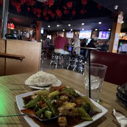 Wong's Golden Palace - something with "happiness" in the title:: celery, carrots, snow, peas, bell peppers, cauliflower, broccoli, pork, chicken