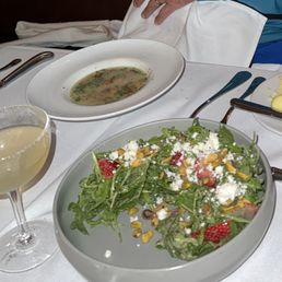 Tiny garlic soup and strawberry salad (both untouched), and sidecar martini (after one sip) Tiny garlic soup and strawberry salad (both untouched), and sidecar martini (after one sip)