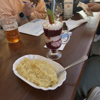 Ludwig's Biergarten - Mashed potatoes and raspberry whipped cream dessert thing - German Near Me - Mountain View, California