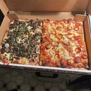 Triple Beam Pizza - Half mushroom & shallot, half pepperoni pizza - Pizza Near Me - Los Angeles, California Triple Beam Pizza - Half mushroom & shallot, half pepperoni pizza - Pizza Near Me - Los Angeles, California