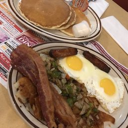 Bacon and eggs and a short stack