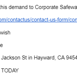 Call to action of public demand text to Safeway from public google doc accessible at tinyurl dot com forward slash Hayward Safeway Self Chec