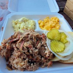 Marion Pit Bar-B-Q - Double meat pulled pork with potato salad and Mac and cheese