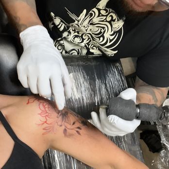The Ink House - Yin Yang dragon with flowers partial (stage 1) sleeve - Tattoo Near Me - Ventura, California The Ink House - Yin Yang dragon with flowers partial (stage 1) sleeve - Tattoo Near Me - Ventura, California