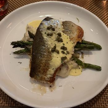 Oak Steakhouse - Market Fresh (rainbow trout), red mashed potatoes and asparagus. - Steakhouses Near Me - Charlotte, North Carolina