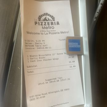 La Pizzeria Metro - Final bill - Pizza Near Me - Wilmington, Delaware