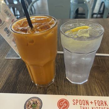 Spoon + Fork Thai Kitchen - *(Left) Thai Tea *(Right) Water (lemon was added) - Thai Near Me - McKinney, Texas Spoon + Fork Thai Kitchen - *(Left) Thai Tea *(Right) Water (lemon was added) - Thai Near Me - McKinney, Texas