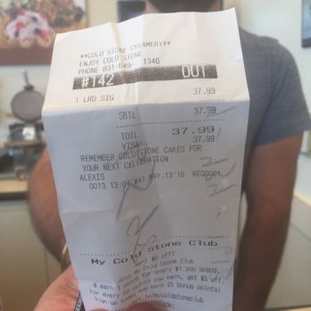 Cold Stone Creamery - Ricki holding my receipt, in which he was supposed to refund me for the ice cream cake that I returned and he didn't. #Crook? - Ice Cream & Frozen Yogurt Near Me - Monterey, California