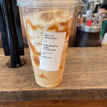 Starbucks - Venti sc mocha frapp no whip ex. Caramel drizzle (I didn't ask for at all) - Coffee & Tea Near Me - Lakeside, California Starbucks - Venti sc mocha frapp no whip ex. Caramel drizzle (I didn't ask for at all) - Coffee & Tea Near Me - Lakeside, California