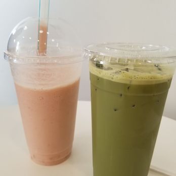 Bobatopia - Strawberry mango (made with fresh fruits) smoothie with mango jelly (left) and Matcha milk tea (right) - Bubble Tea Near Me - Selma, Texas Bobatopia - Strawberry mango (made with fresh fruits) smoothie with mango jelly (left) and Matcha milk tea (right) - Bubble Tea Near Me - Selma, Texas