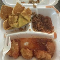 Hong Kong Restaurant - Sweet and Sour Chicken combination plate with an order of Crab Rangoon. This photo was after eating most of it, but you get the idea...