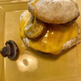 Mushroom and Egg breakfast sandwich on homemade biscuits.