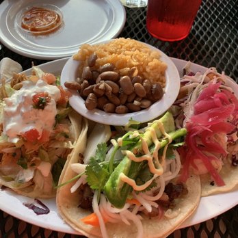 Loco Cocos Tacos - From left: chicken tinga, Bahn mi, Tia margarita fish. - Mexican Near Me - Kittery, Maine