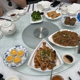 Poached Chinese Broccoli. Baked Durian Pastry, Sesame Ball, Chow Mein w/ Soy Sauce, Rice Roll w/ Soy Sauce, Egg Tarts
