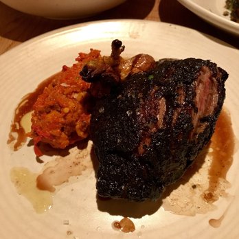 Upland - Angus Skirt Steak- Black garlic, romesco + bunching onions - New American Near Me - New York, New York Upland - Angus Skirt Steak- Black garlic, romesco + bunching onions - New American Near Me - New York, New York