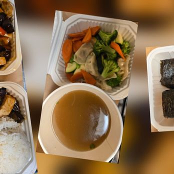 Loving Hut - Eggplant Medley, wonton Soup & Spam Musubi - Vegan Near Me - Glendora, California Loving Hut - Eggplant Medley, wonton Soup & Spam Musubi - Vegan Near Me - Glendora, California