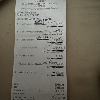 Tips & Toes - Picture of receipt. - Nail Salons Near Me - Charlottesville, Virginia Tips & Toes - Picture of receipt. - Nail Salons Near Me - Charlottesville, Virginia