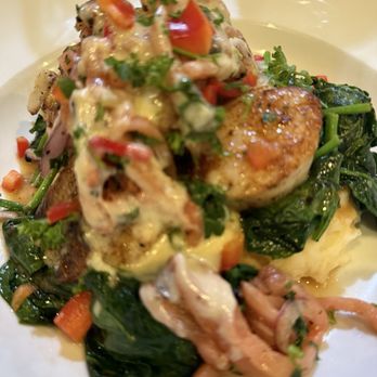 Anaya's Seafood Scratch Kitchen - Red snapper with mashed potatoes and spinach topped with scallops. Delicious and plentiful. Pair it with a nice wine. - Seafood Near Me - Richardson, Texas