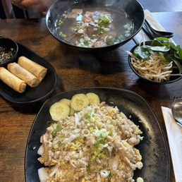 Beef Pho, egg rolls, chicken fried rice. Beef Pho, egg rolls, chicken fried rice.