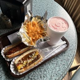 Rochester red Coney, and original connie cheesy fries and lemonade Rochester red Coney, and original connie cheesy fries and lemonade