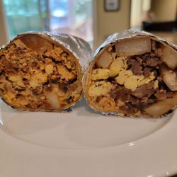 Mesquite Fresh Street Mex - Chorizo breakfast burrito (Left) Steak breakfast burrito (Right)