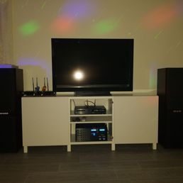 Our whole new karaoke system with speakers and disco ball light in the back! Our whole new karaoke system with speakers and disco ball light in the back!
